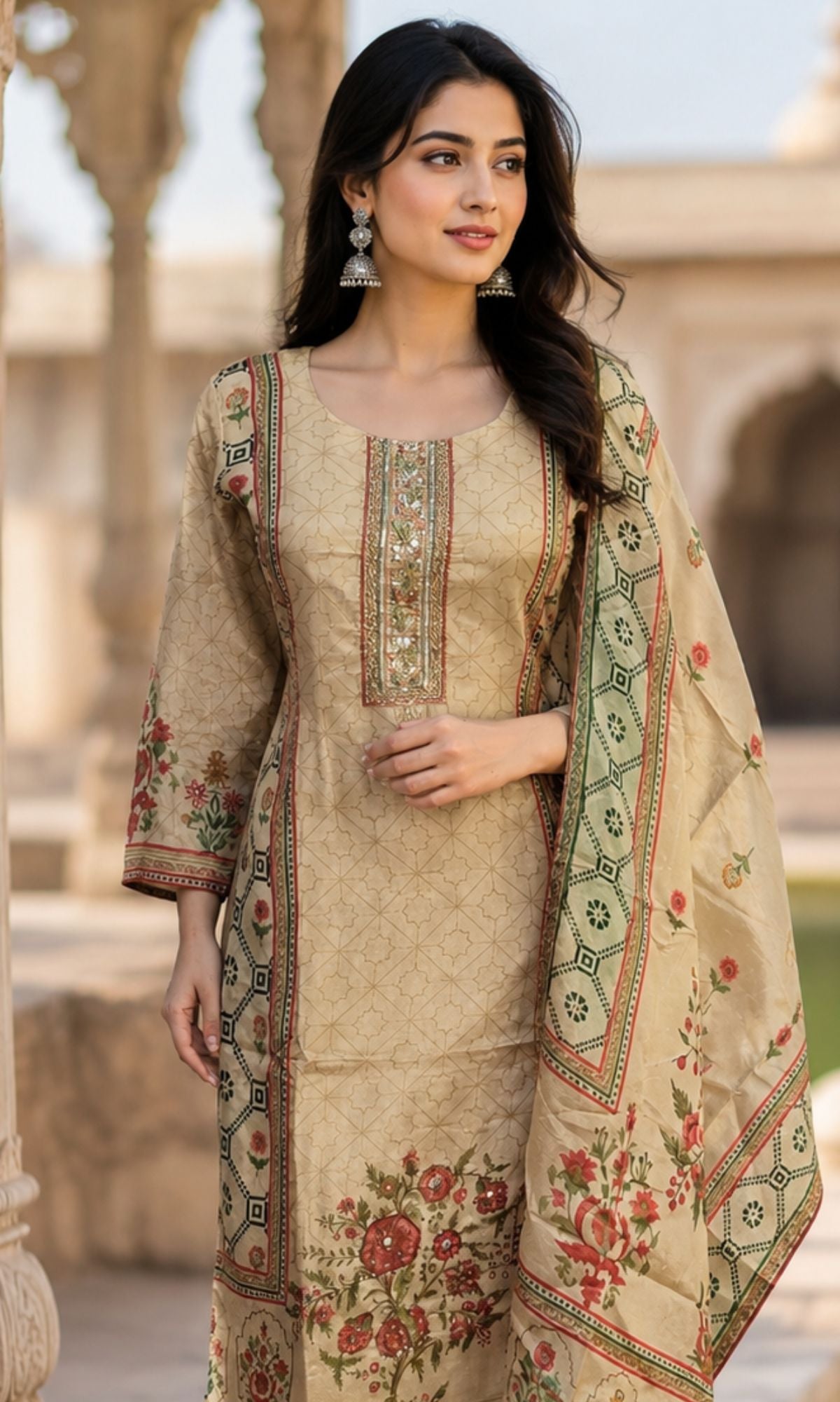 Beige Floral Printed Kurta Set