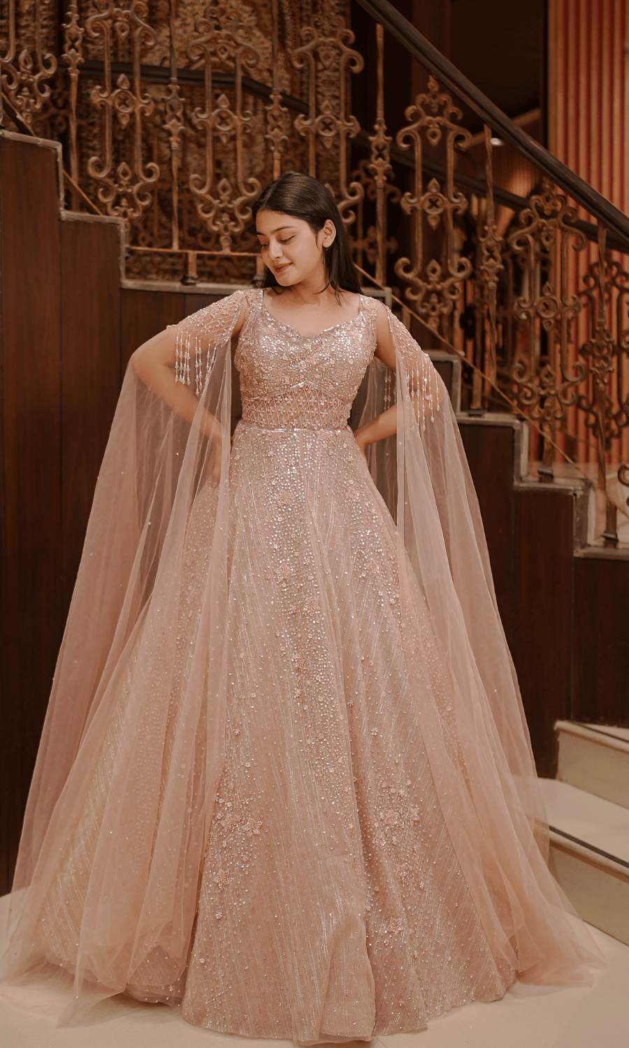 Pink Sequenced Gown With Flarred Sleeves