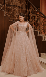 Pink Sequenced Gown With Flarred Sleeves