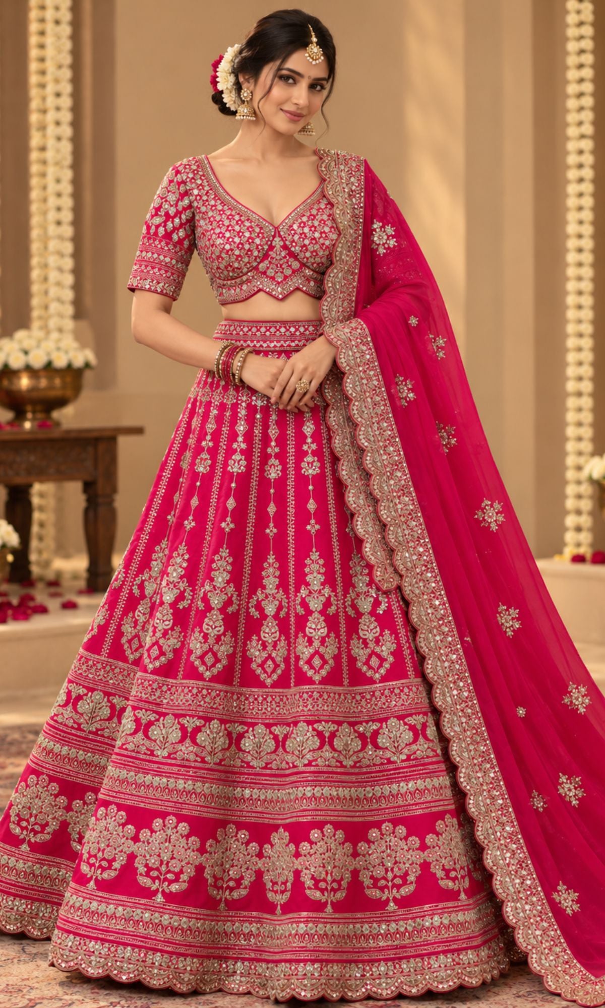 Pink Embroidered Bridal Lehenga with Blouse & Dupatta