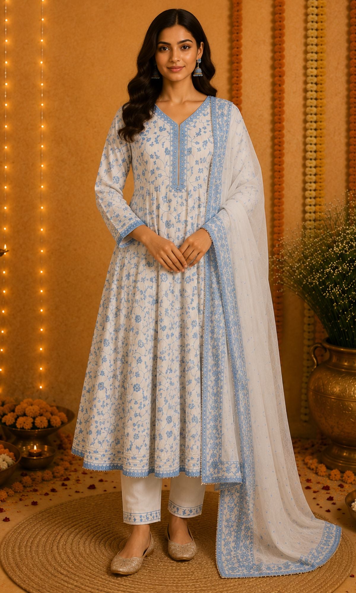 White & Blue Threadwork Anarkali Kurta Set