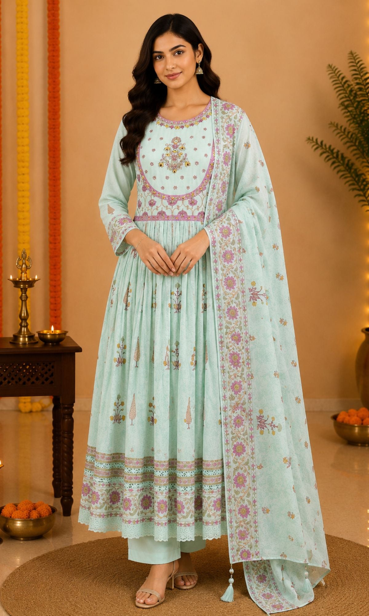 SkyBlue Floral Printed Anarkali Kurta Set