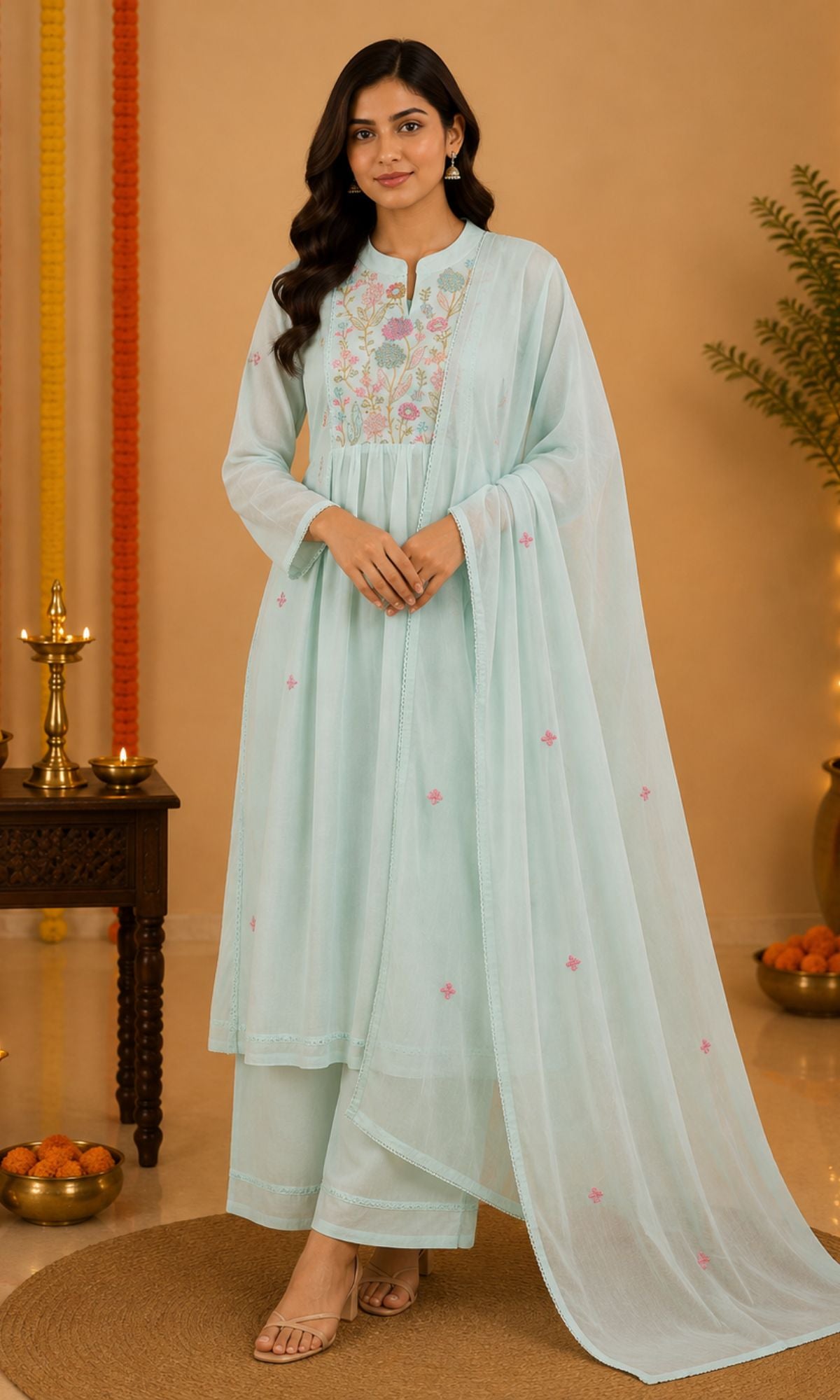 Sky blue Floral Embroidered Anarkali Kurta Set