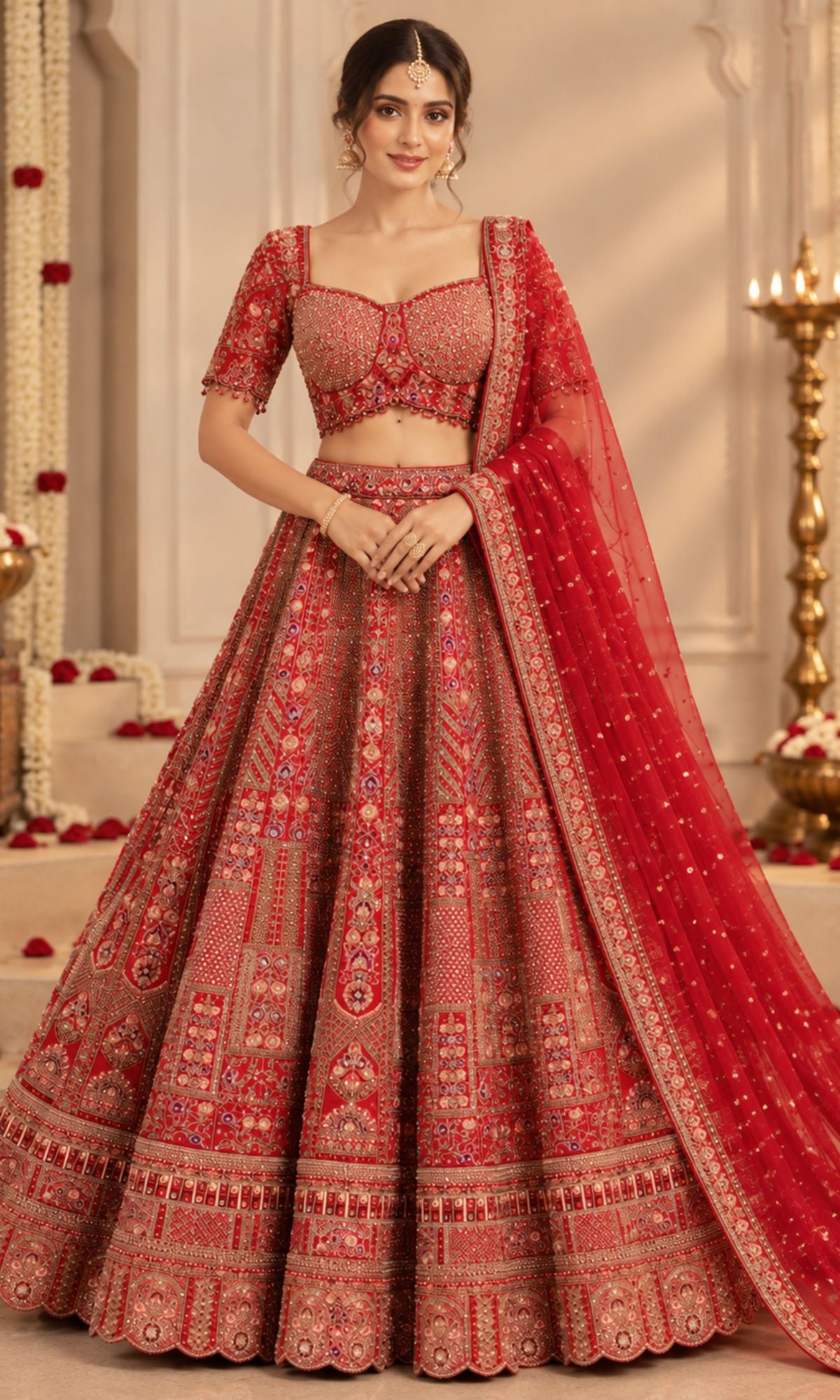 Red Bridal Lehenga with Intricate Traditional Embroidery & Sheer Dupatta