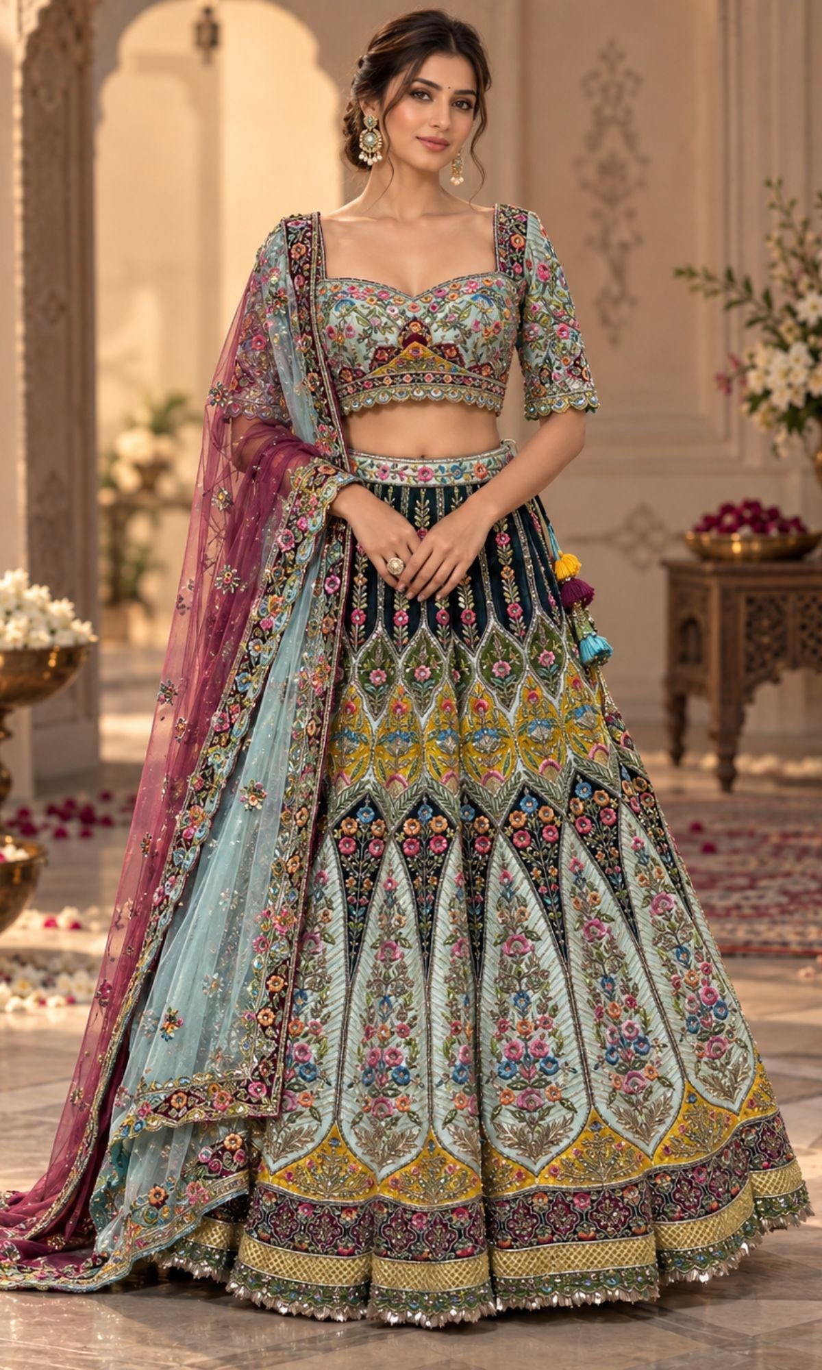 Multicolor Embroidered Festive Lehenga with Floral Motifs