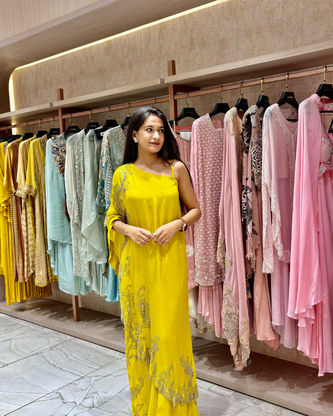 One Shoulder Yellow Embroidered Co-Ord Set