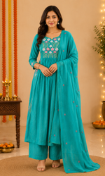 Teal Blue Floral Embroidered Anarkali Kurta Set