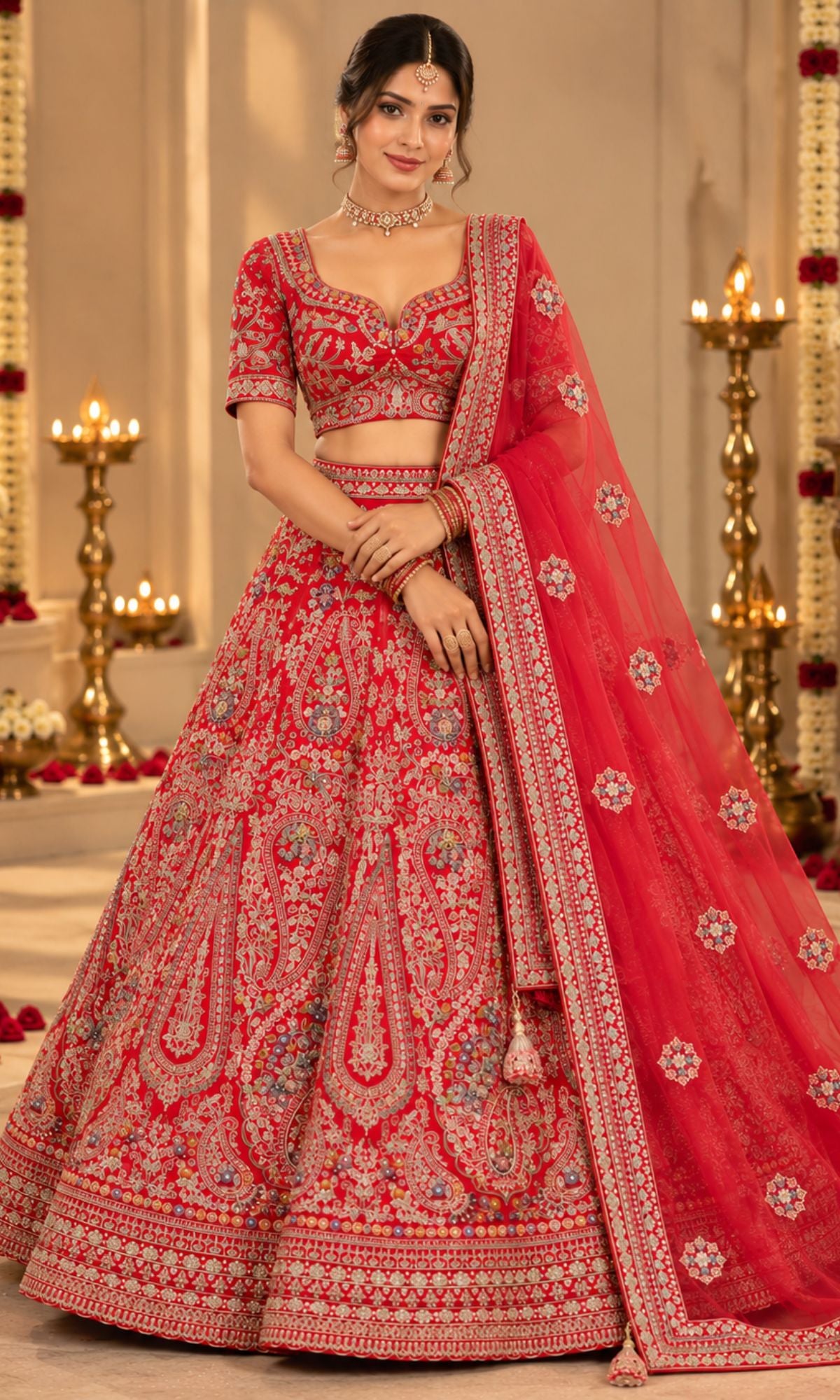 Red Bridal Lehenga with Heavy Paisley Embroidery & Sheer Dupatta
