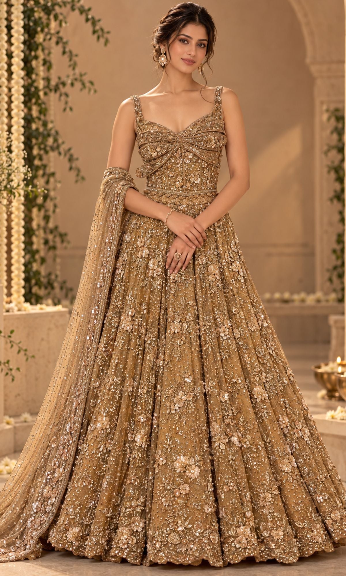 GoldFloral Sequin Embroidered Bridal Lehenga