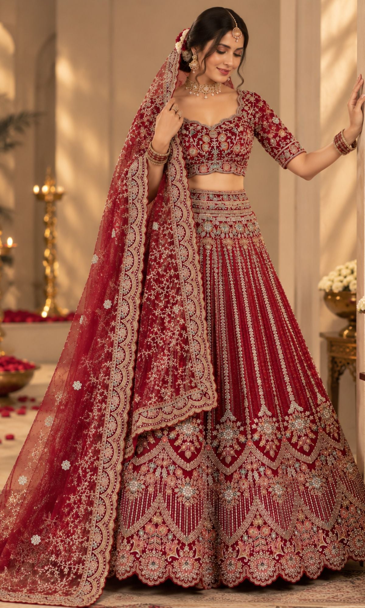 Deep Red Bridal Lehenga with Heavy Embroidered Blouse & Dupatta