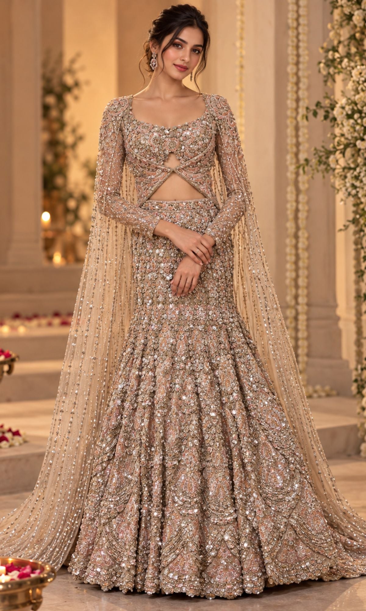 Champagne Gold Bridal Lehenga with Heavy Sequin Embroidery