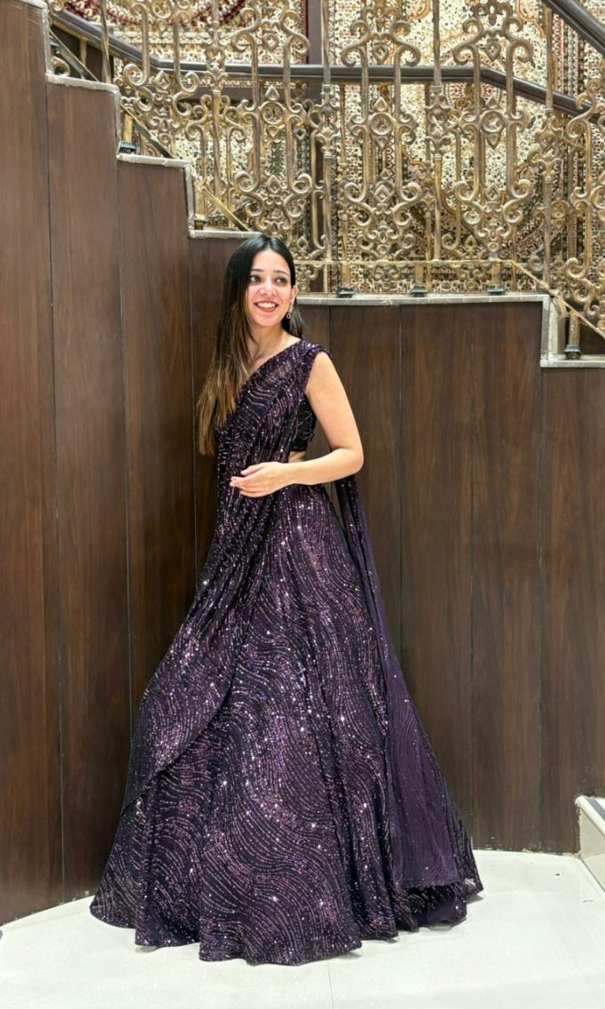 Wine Shimmer Draped Saree with Stitched blouse
