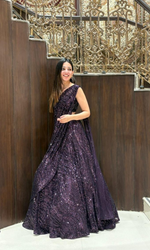 Wine Shimmer Draped Saree with Stitched blouse