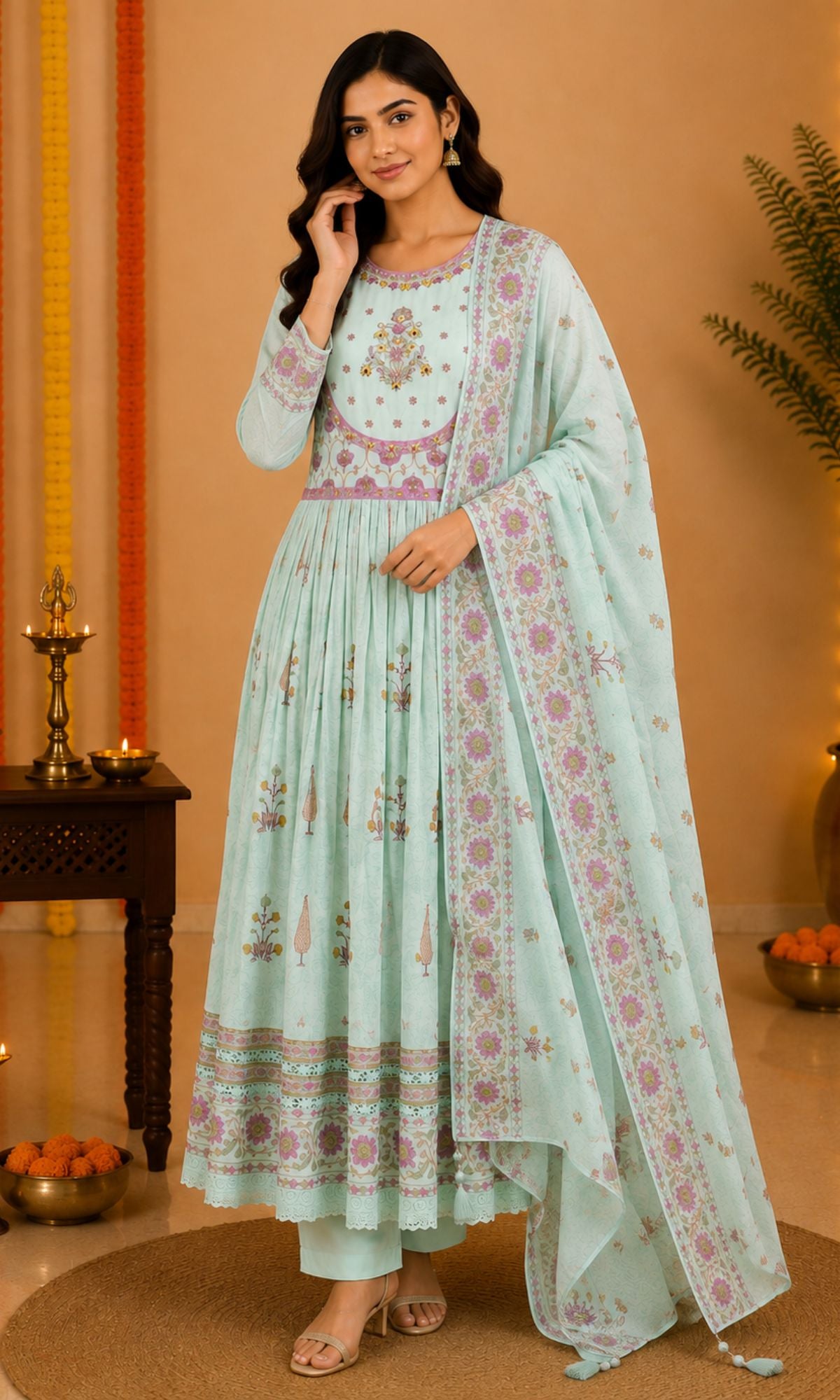 SkyBlue Floral Printed Anarkali Kurta Set