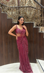 Maroon Embellished Draped Saree with Stitched Blouyse