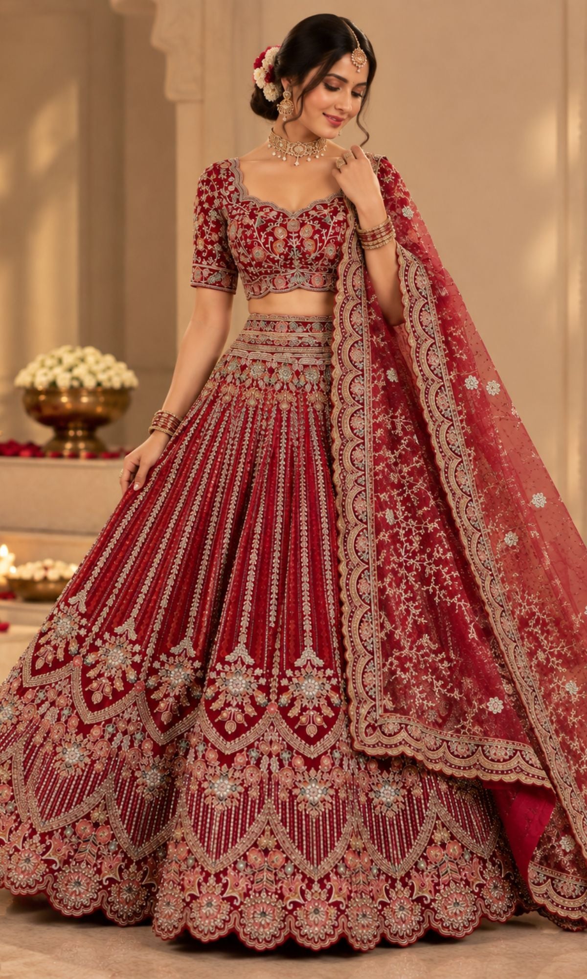 Deep Red Bridal Lehenga with Heavy Embroidered Blouse & Dupatta