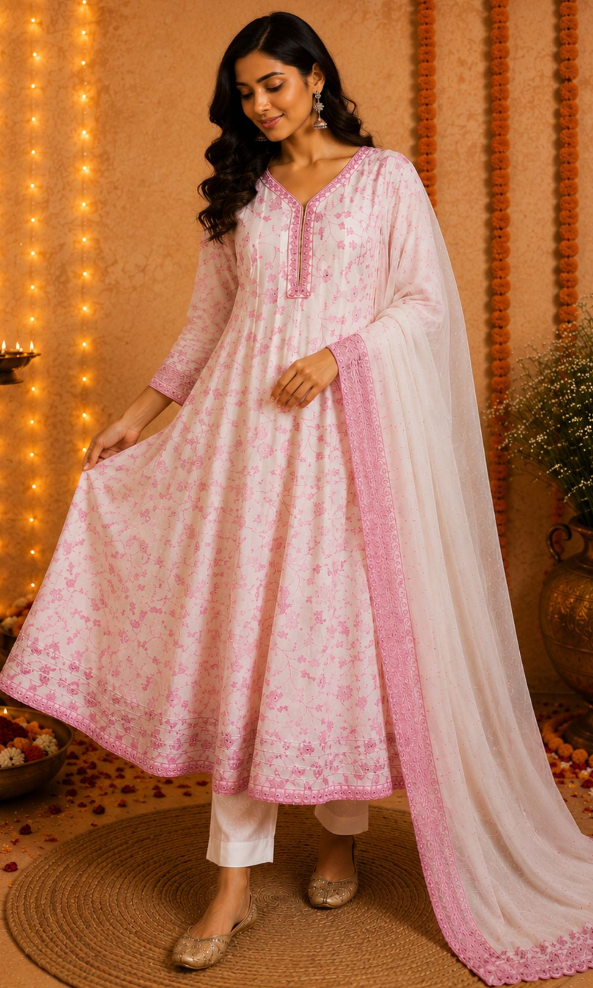 White & PInk Threadwork Anarkali Kurta Set
