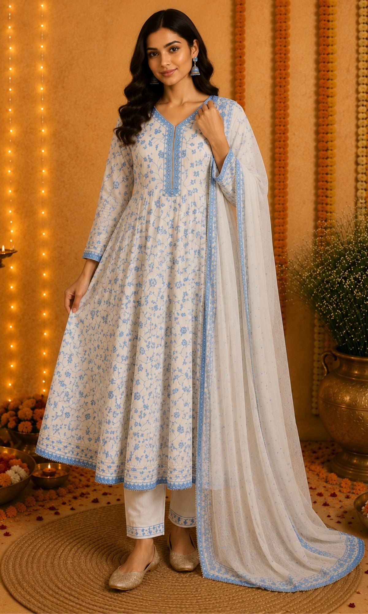 White & Blue Threadwork Anarkali Kurta Set