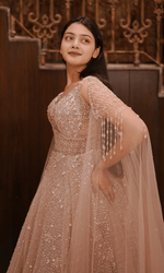 Pink Sequenced Gown With Flarred Sleeves