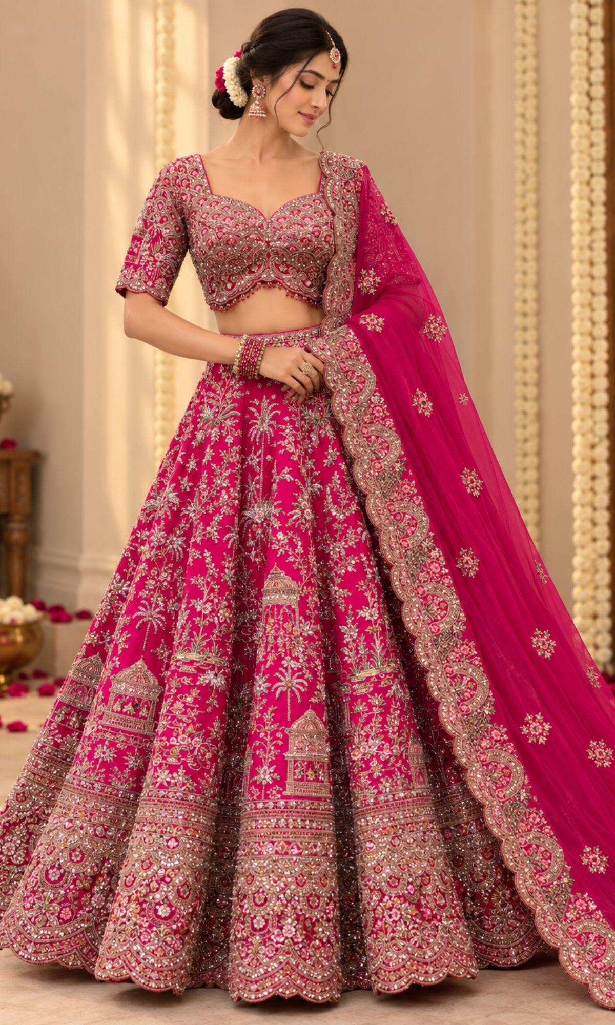 Rani PinkEmbroidered Bridal Lehenga with Blouse & Dupatta