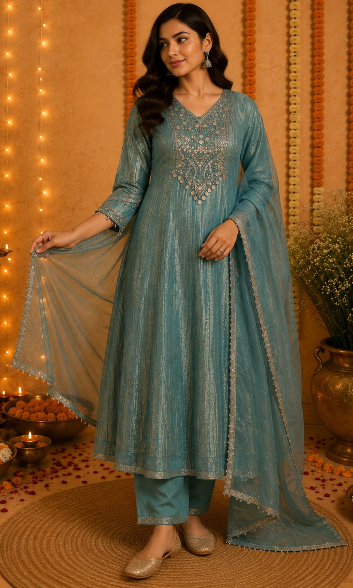 Blue Embellished Kurta Set