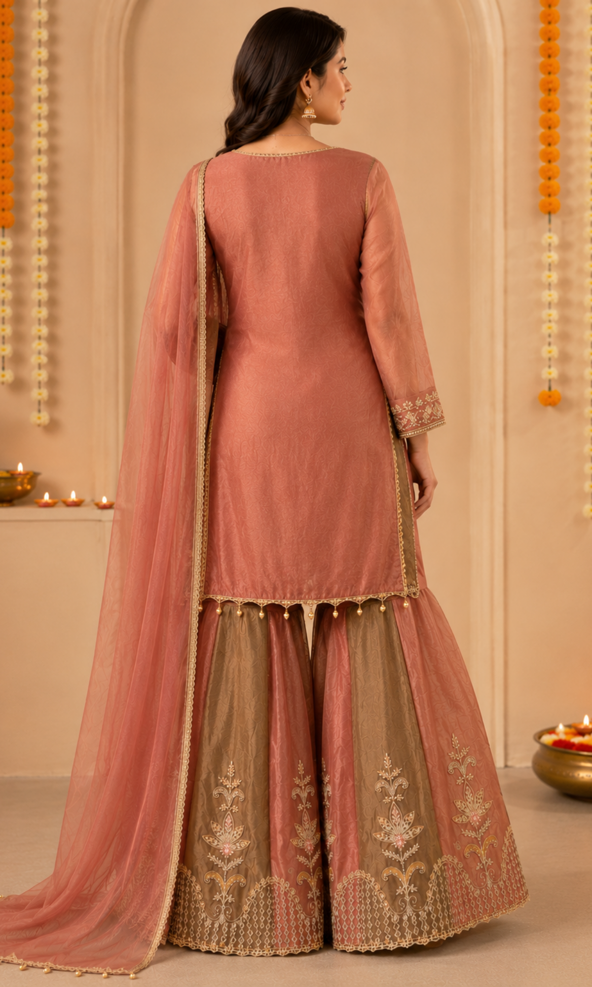 Rust Embroidered palazzo Sharara set