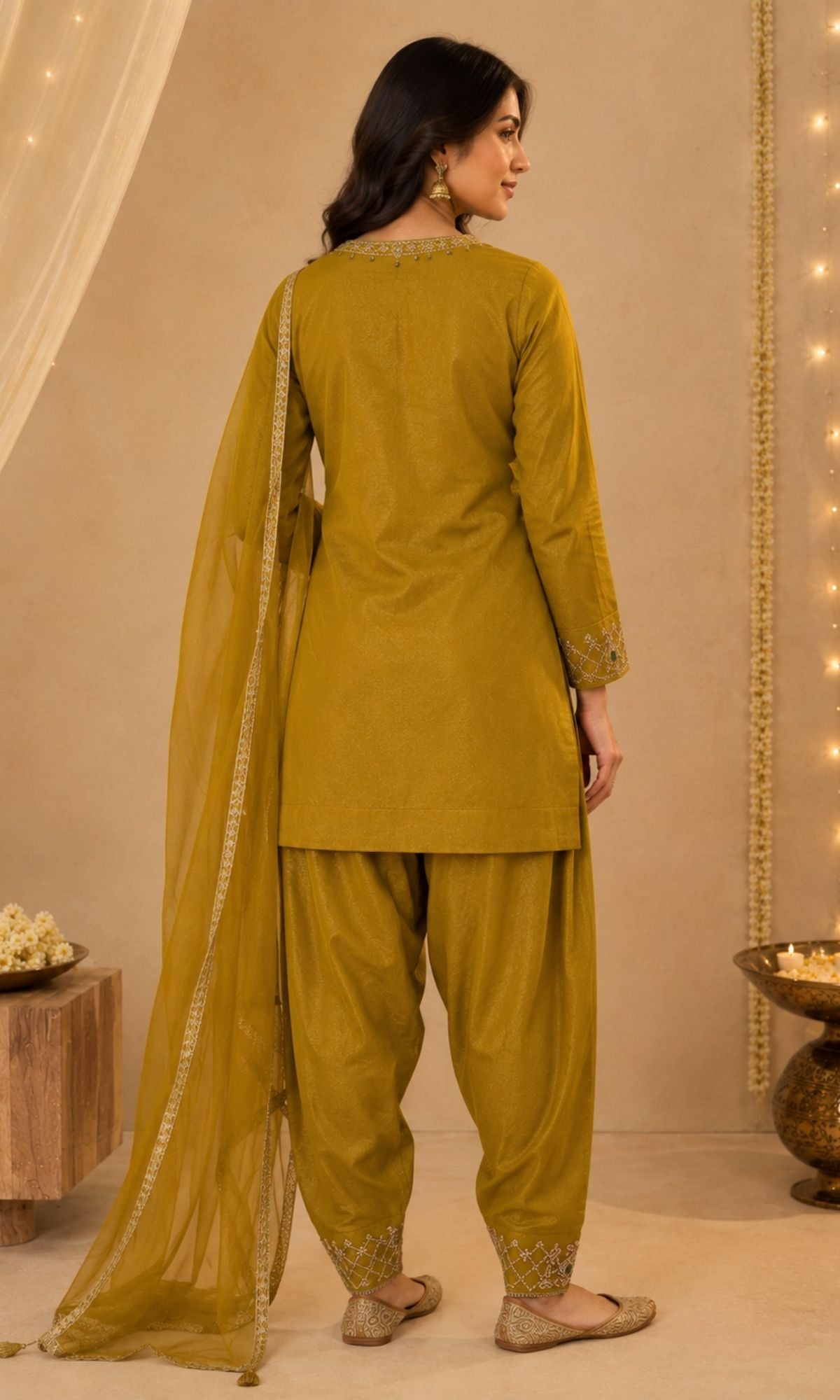 Mustard Embroidered Farsi Salwar Sharara Set
