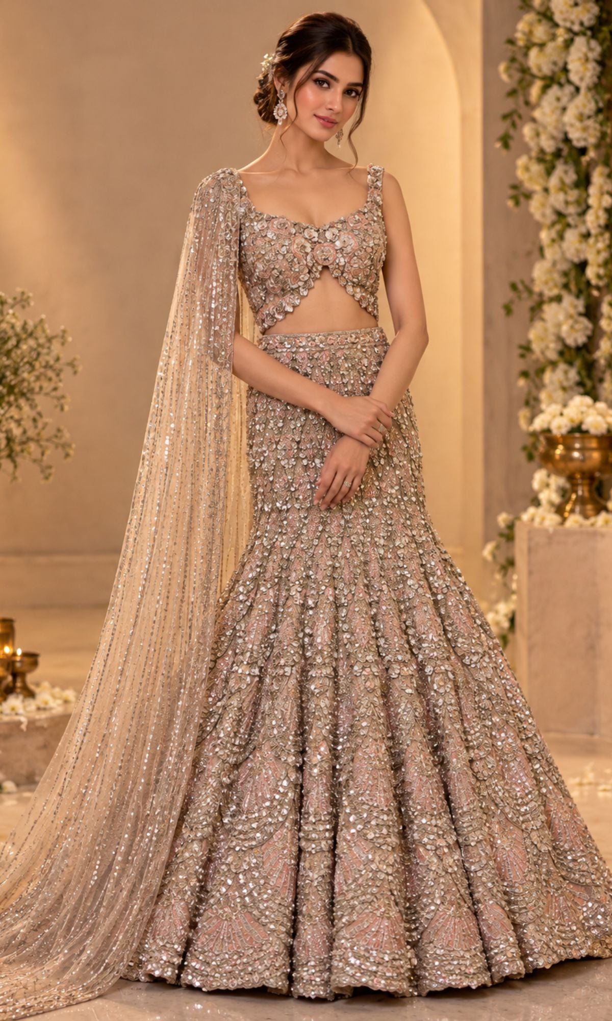 Champagne Rose Gold Bridal Lehenga with Heavy Sequin Embroidery
