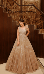 Champagne Sequence Ball Gown With Feather Sleeve