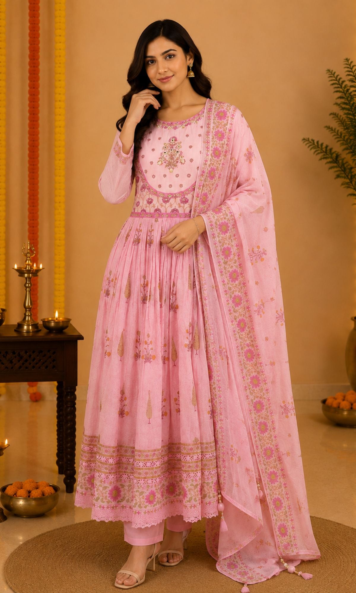 Pink Floral Printed Anarkali Kurta Set