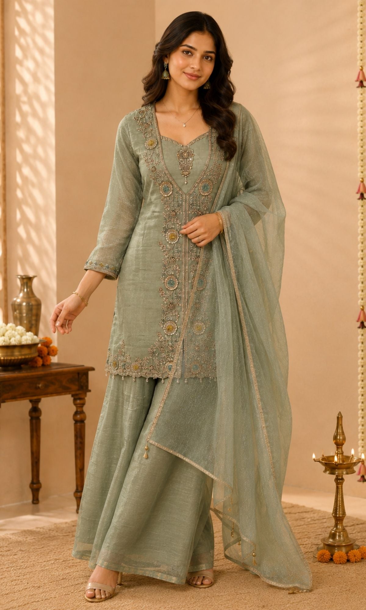 Mint Green Embroidered Palazzo Sharara Set