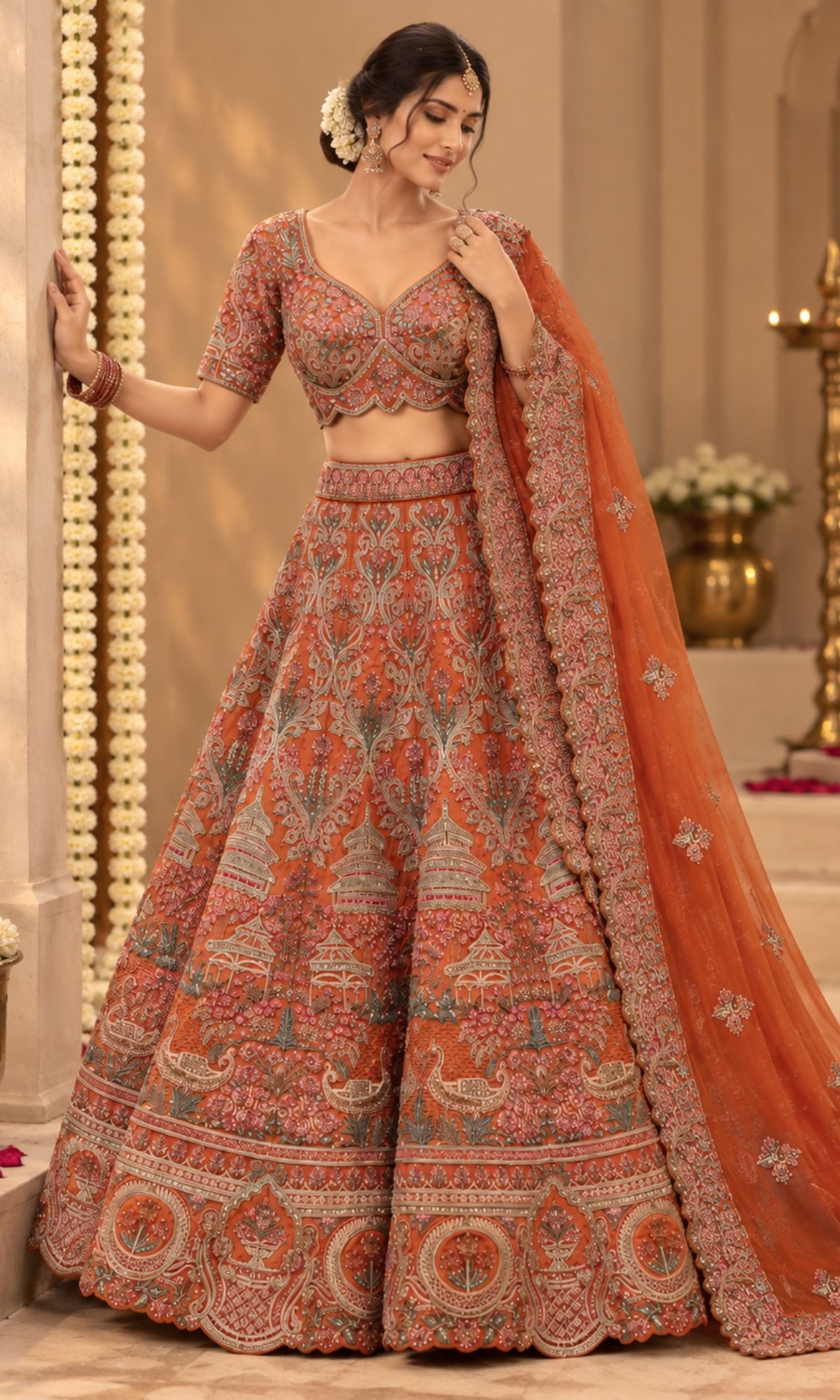 Orange Heavy Embroidered Bridal Lehenga with Blouse & Dupatta