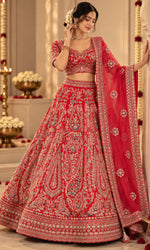 Red Bridal Lehenga with Heavy Paisley Embroidery & Sheer Dupatta