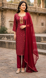 Maroon Geometric Printed Kurta Set