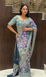 Blue Printed Saree with Stitched Embriodered Blouse