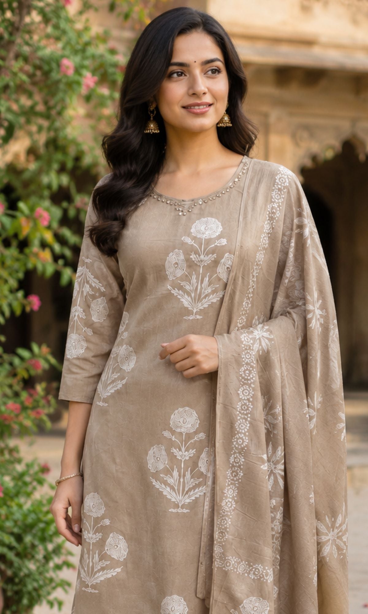 Brown Floral Printed Kurta Set
