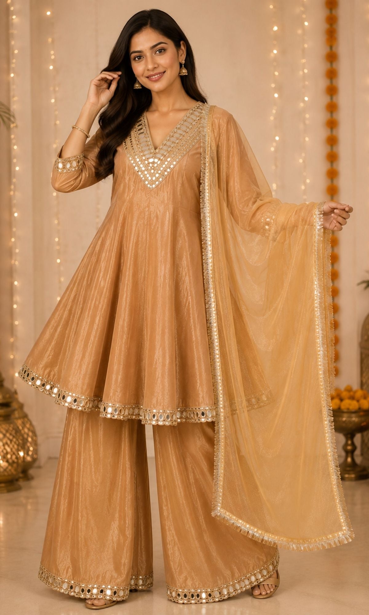 Peach Mirrior work Palazzo Sharara Set