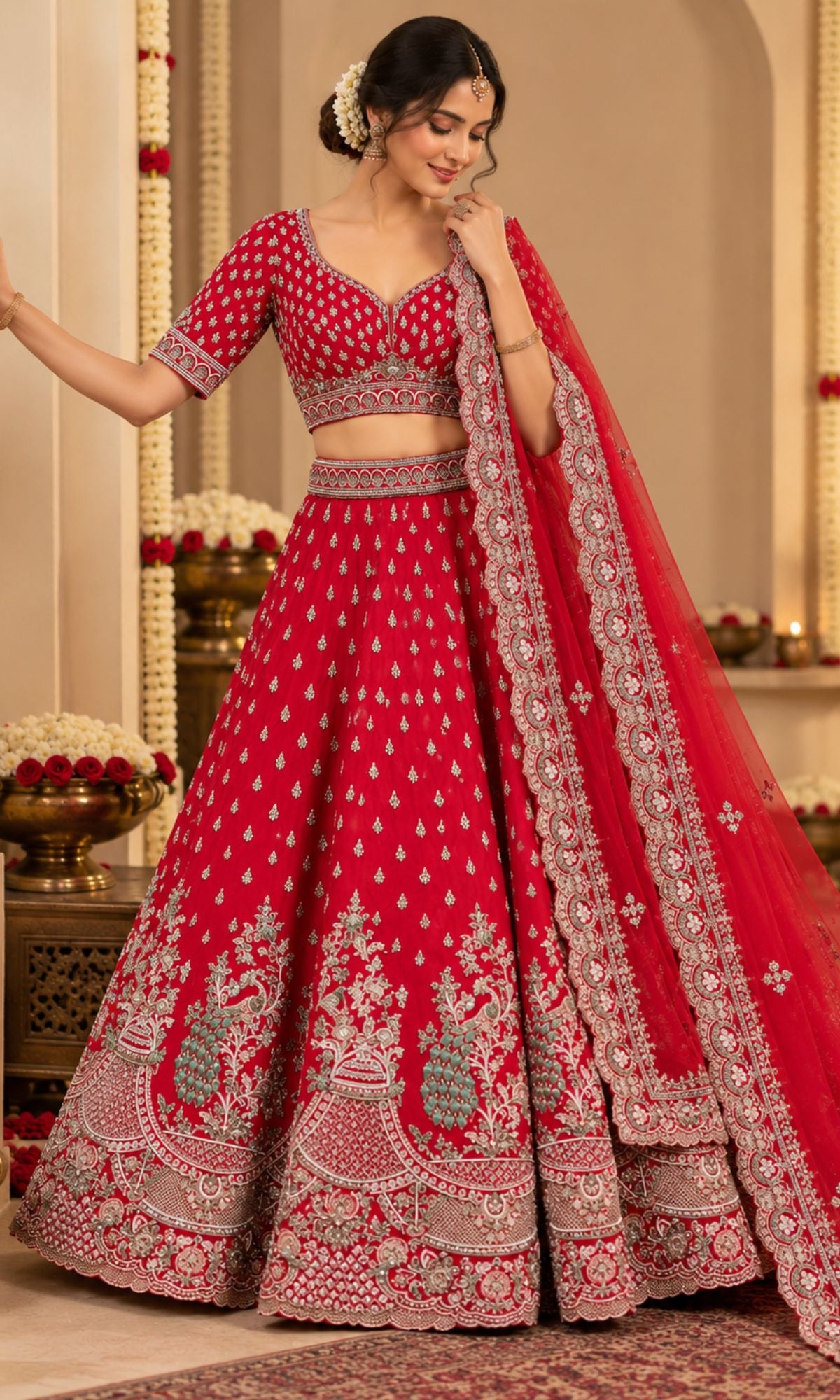 Red Bridal Lehenga with Buti Embroidery & Heavy Traditional Border