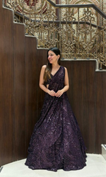 Wine Shimmer Draped Saree with Stitched blouse