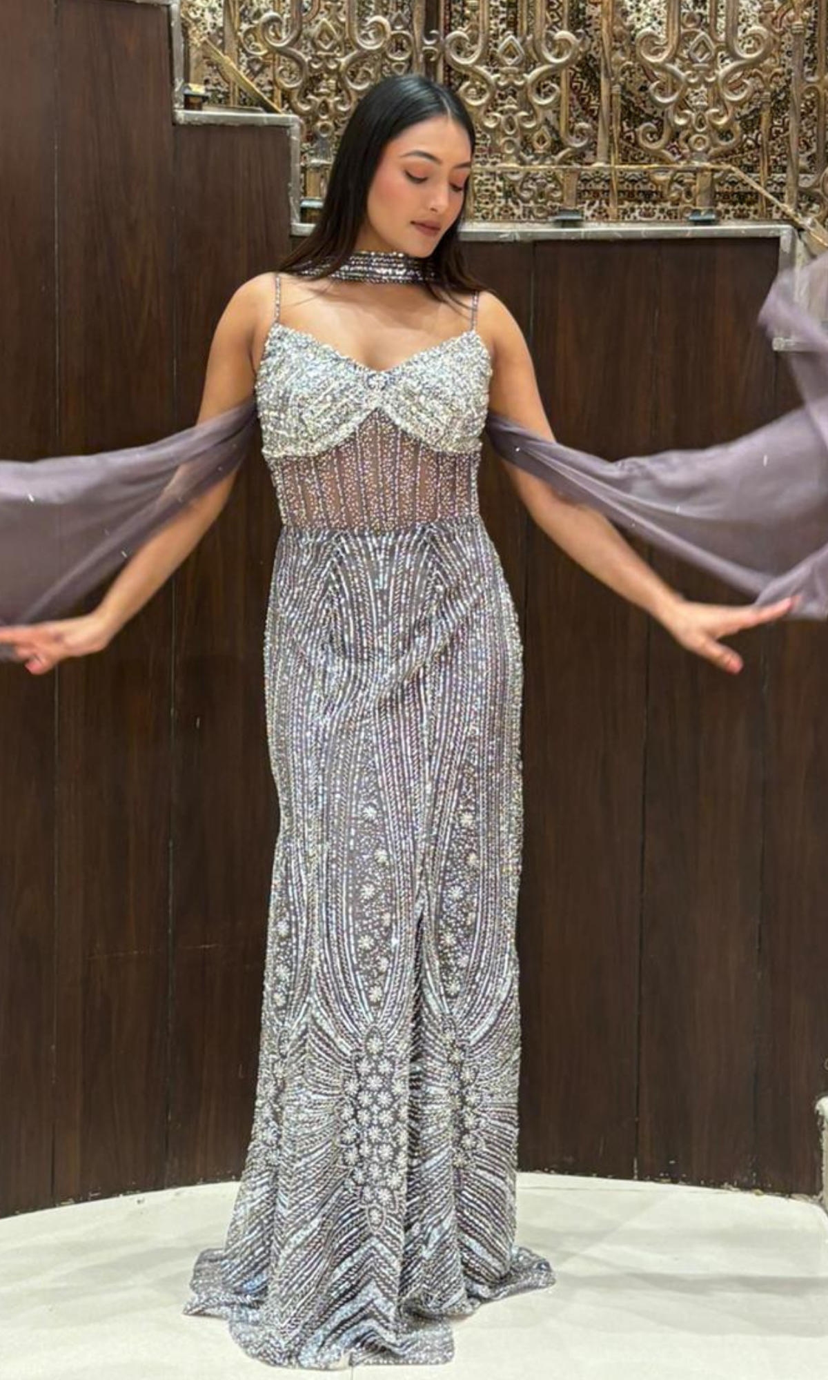 Lavender Embellished Gown With Choker Scarf