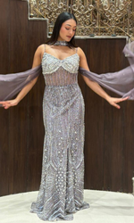 Lavender Embellished Gown With Choker Scarf