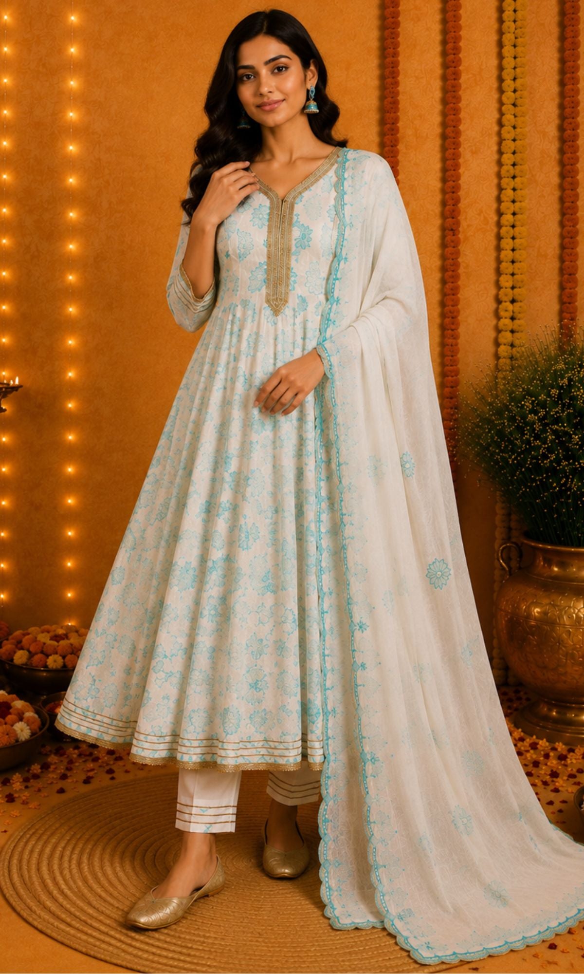 White & Aqua Threadwork Anarkali Kurta Set
