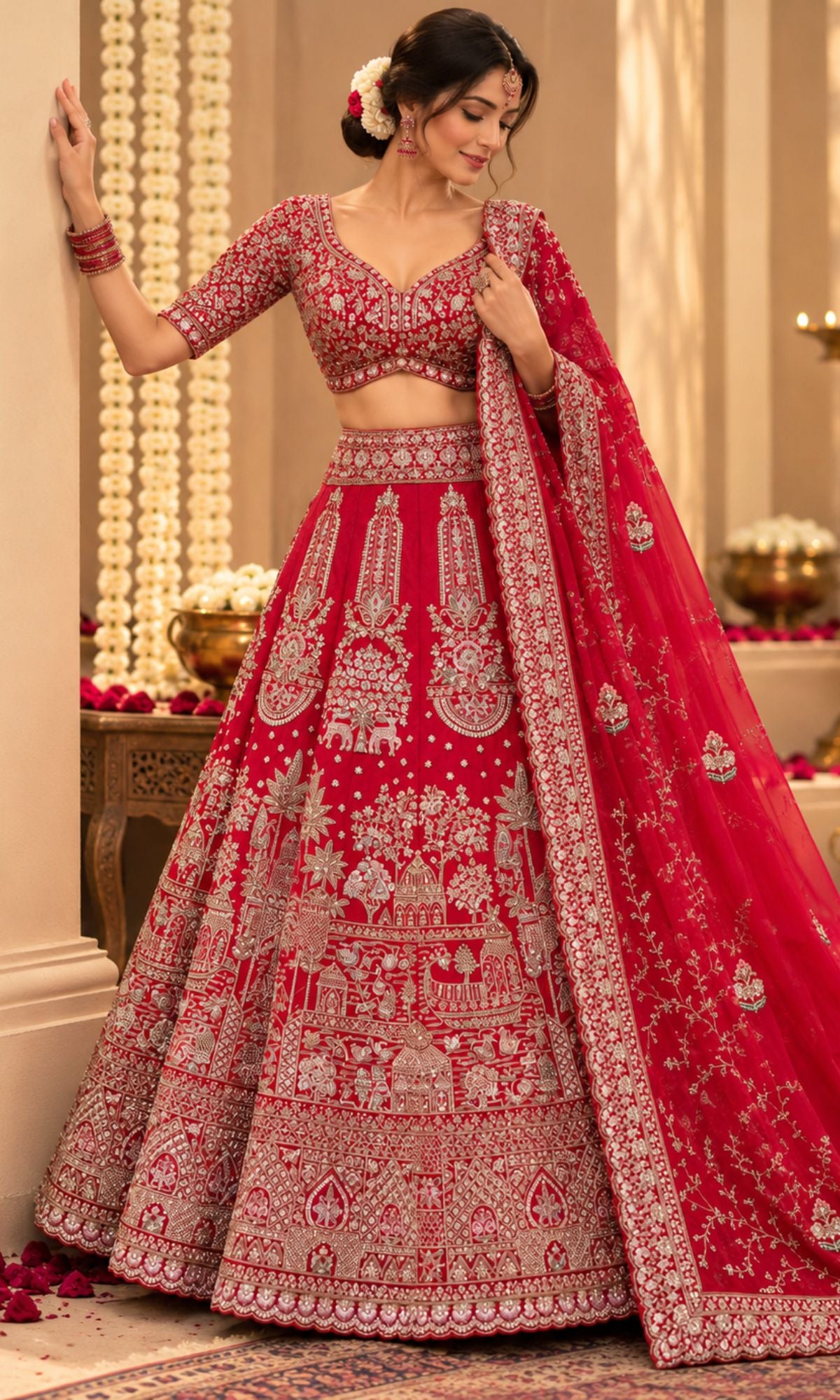 Bridal Red Embroidered Lehenga with Blouse & Dupatta