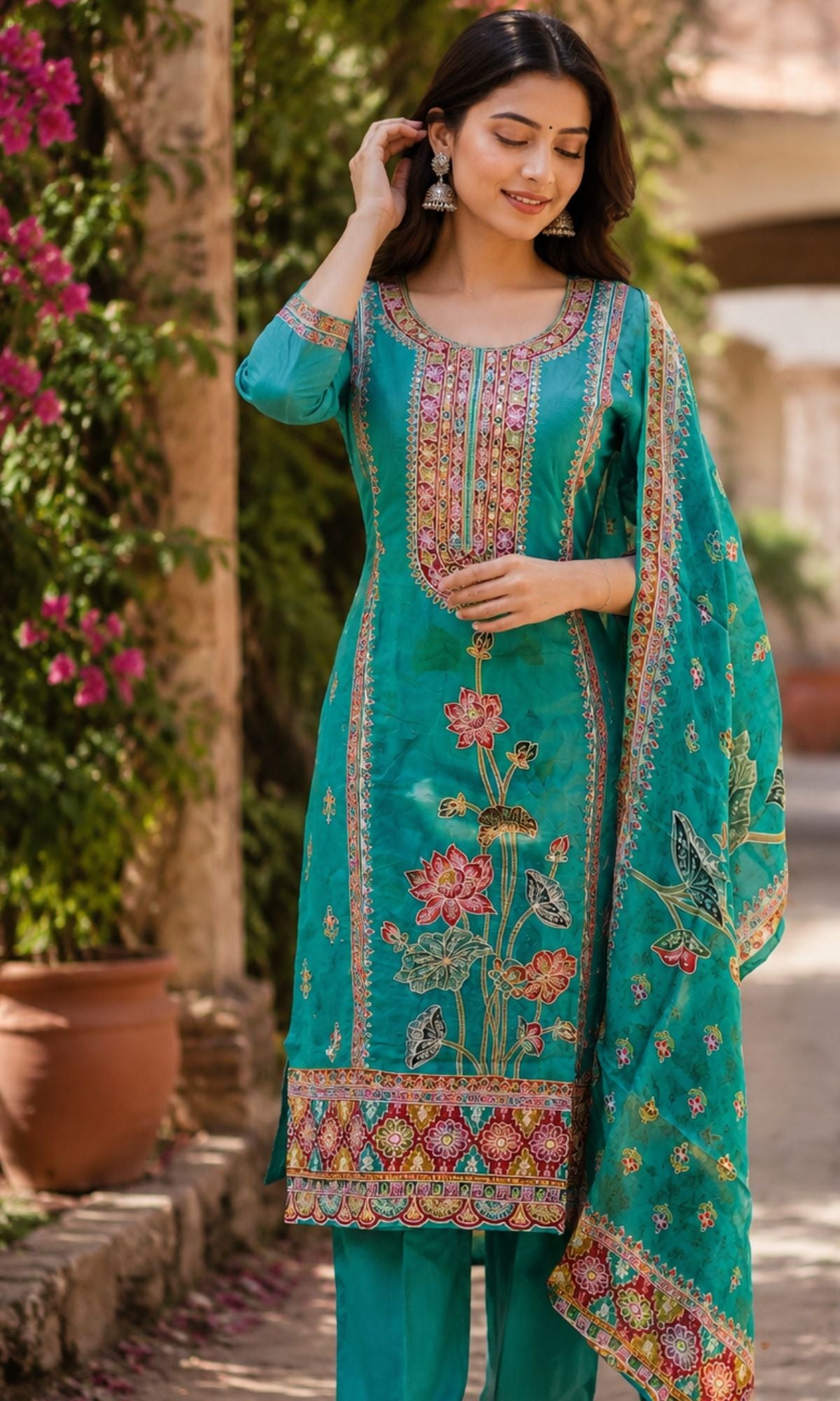 Teal Floral Printed Kurta Set
