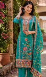Teal Floral Printed Kurta Set