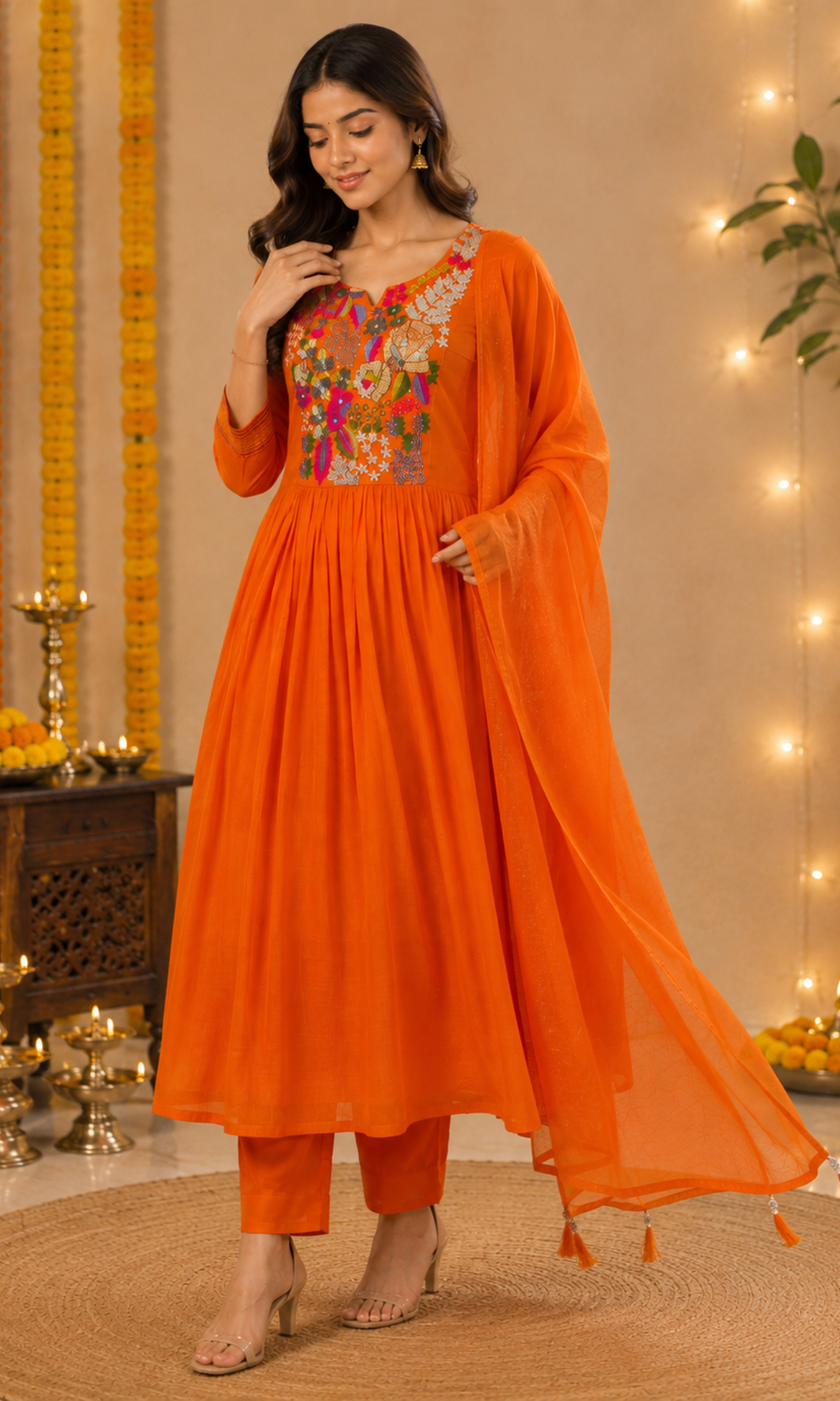 Orange Embroidered Anarkali Kurta Set