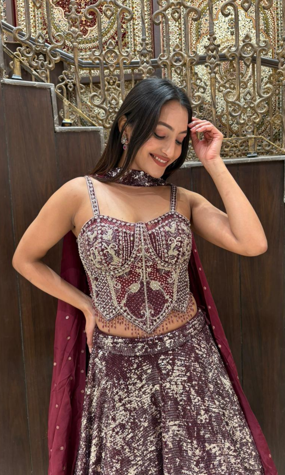 Wine Shimmer Skirt with Corset Blouse Lehenga