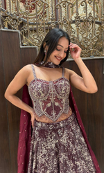 Wine Shimmer Skirt with Corset Blouse Lehenga