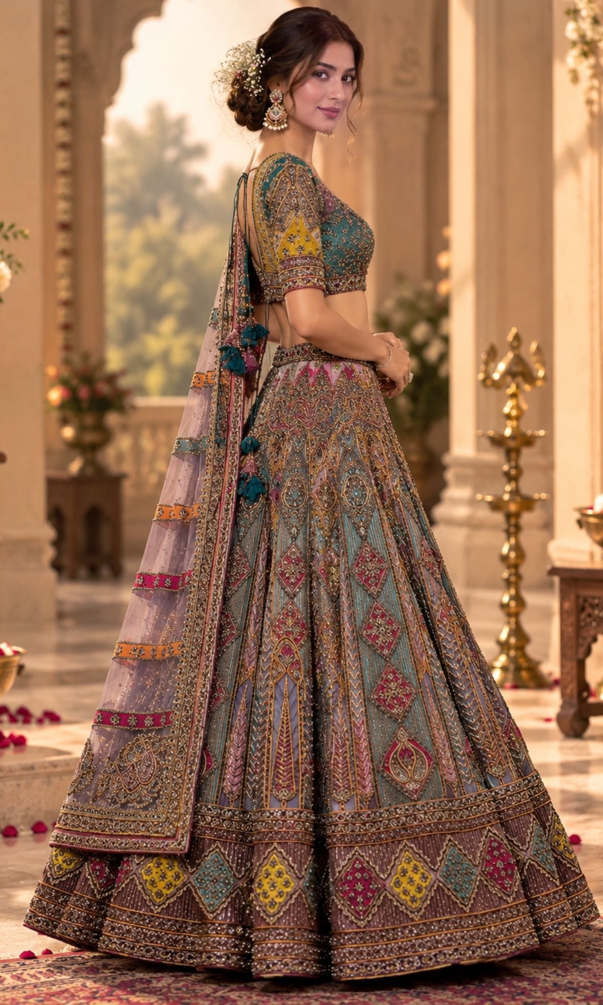 Teal & Mauve Embroidered Designer Lehenga with Geometric Motifs