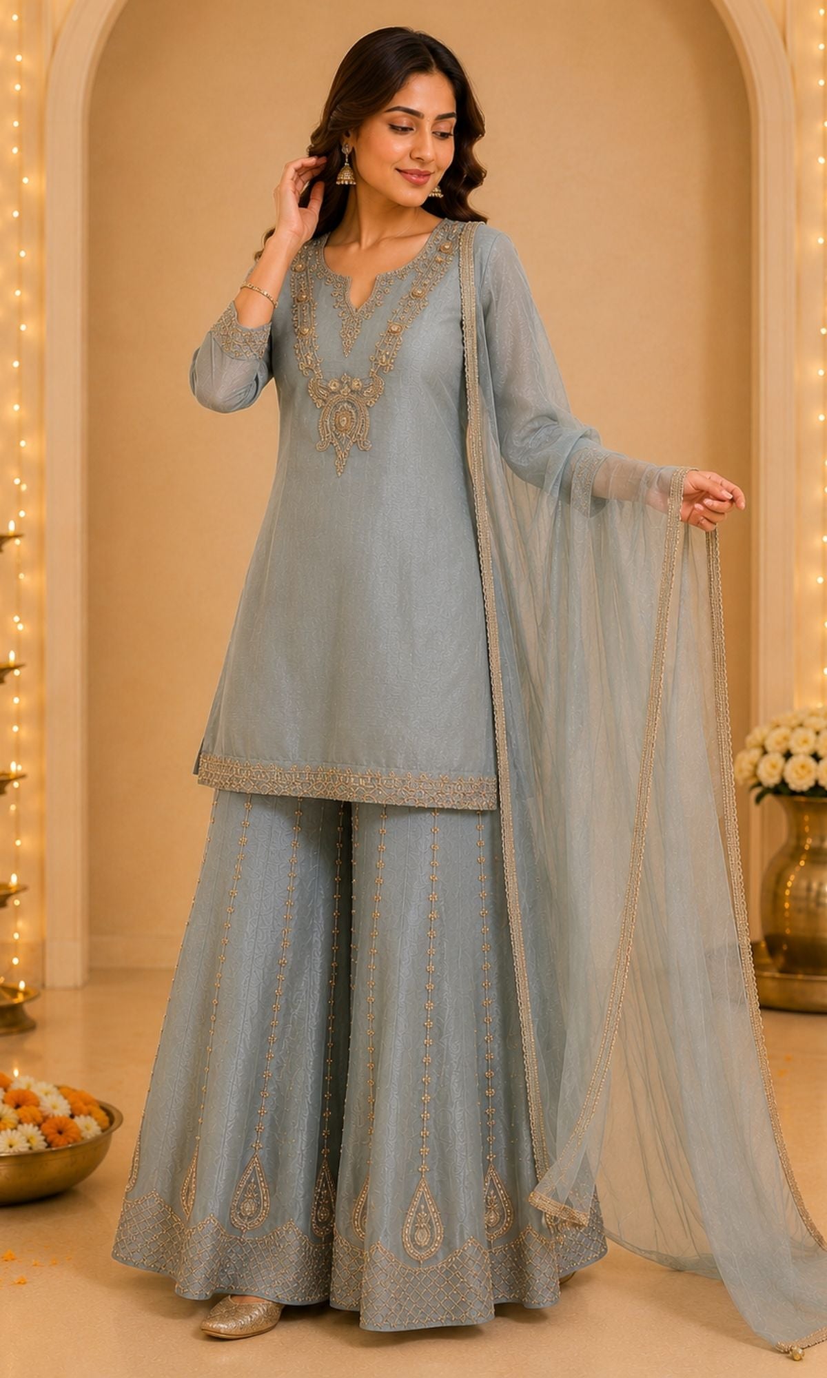 Blue Embroidered Palazzo Sharara Set